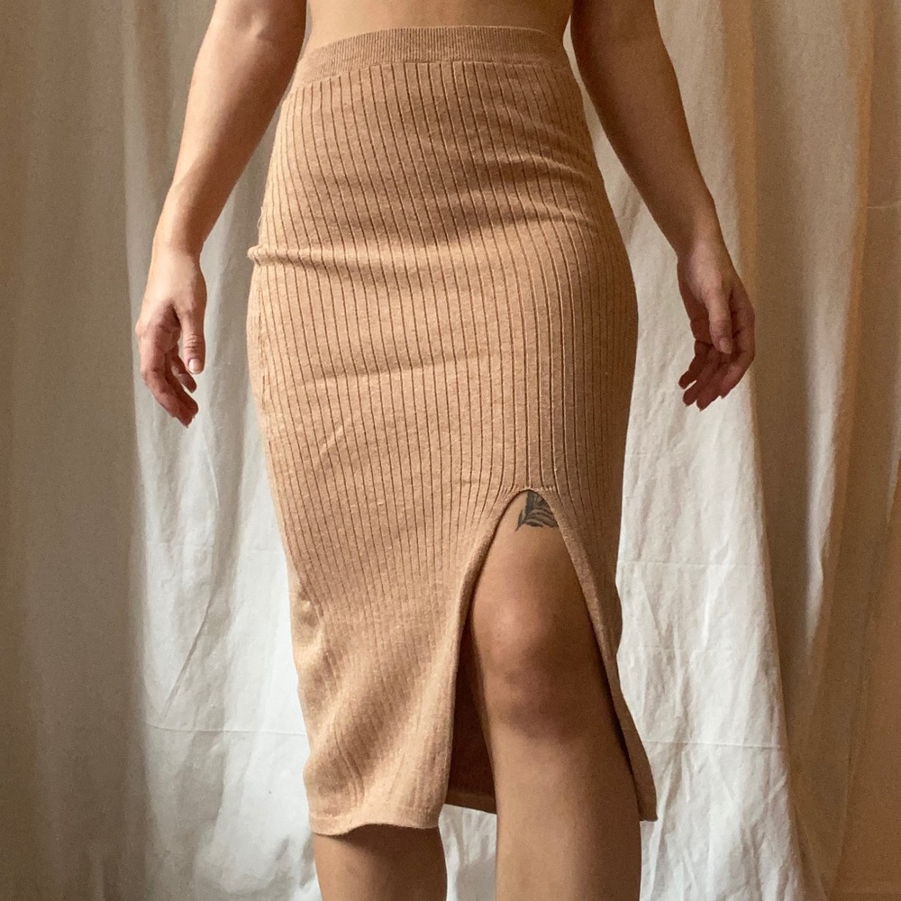 Beige Ribbed Midi Skirt with Leg Slit | Free People | XS